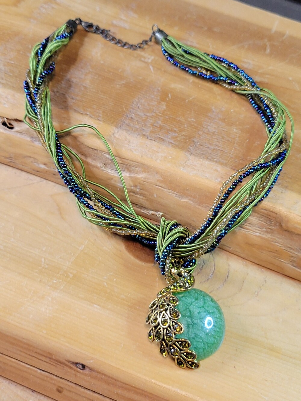 Colorful Peacock Multi-strand Green Blue Beaded Necklace Fashion Costume Jewelry